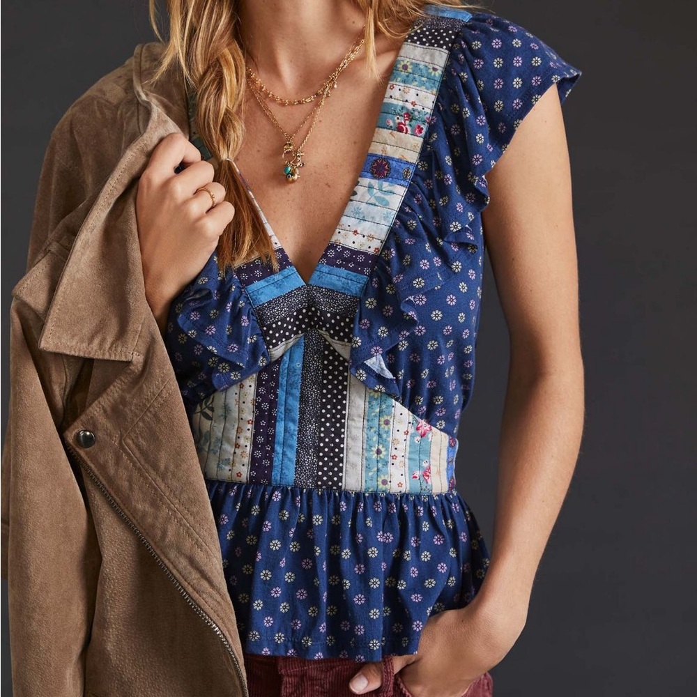 Anthropologie Let Me Be Ruffled Patchwork Top